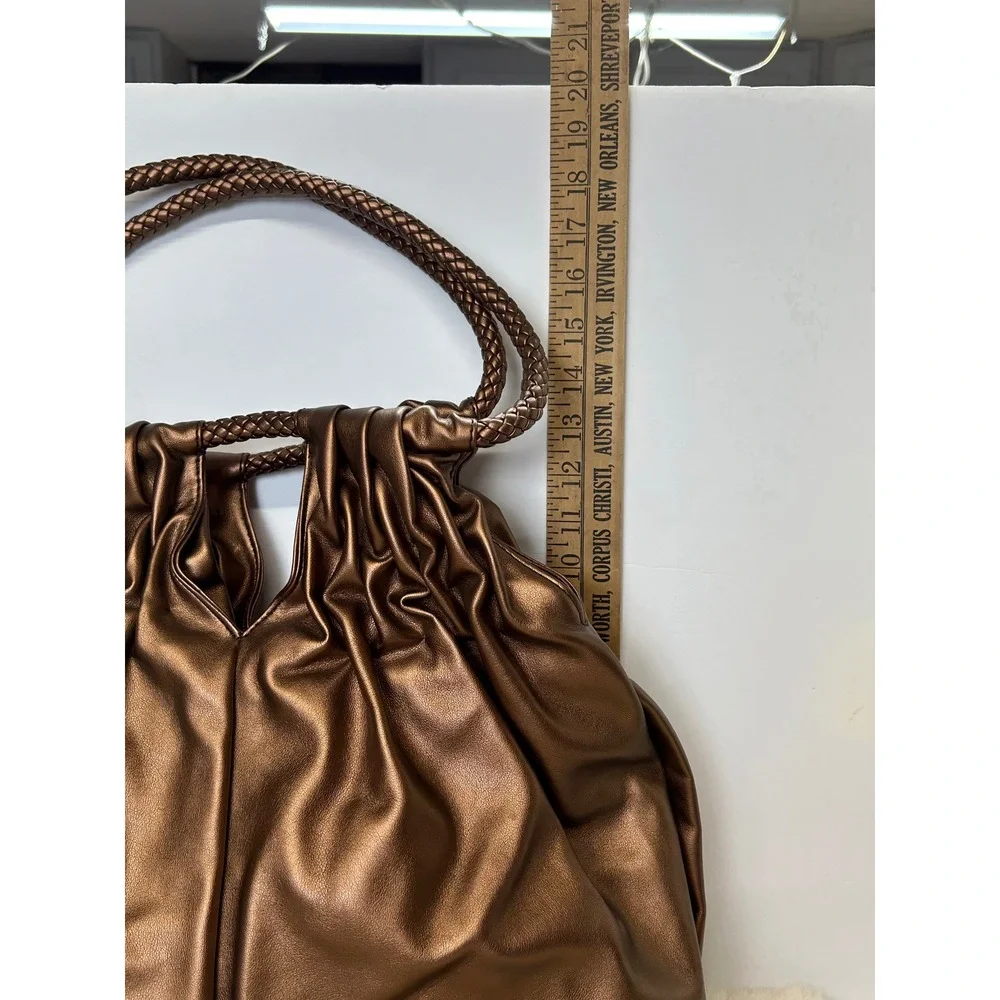 JM Metallic Bronze Slouchy Hobo Bag Braided Handle Pleated Tote